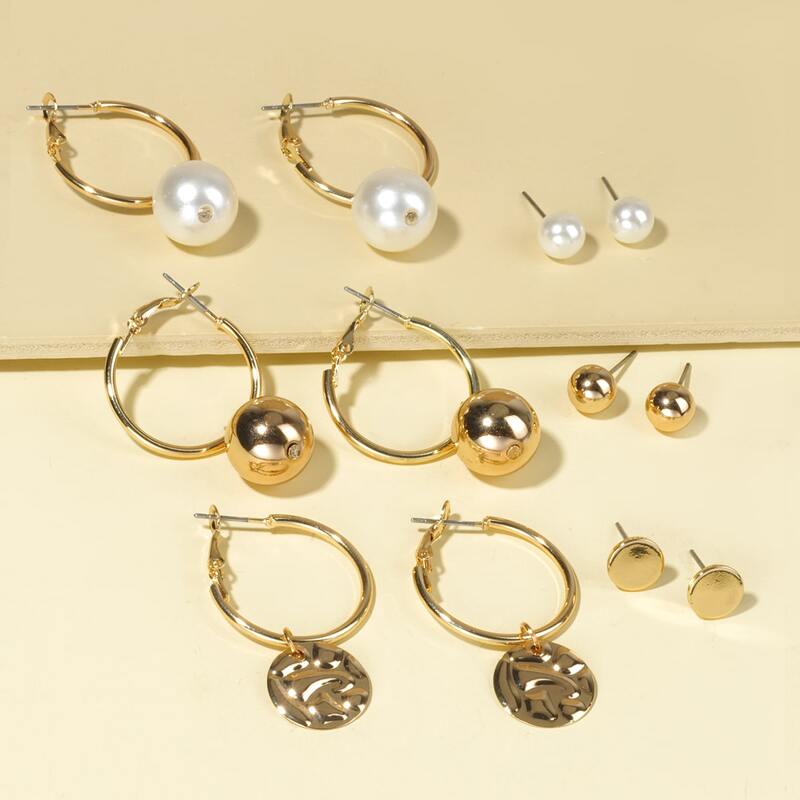 

6pairs Faux Pearl Stud & Hoop Earrings, Multicolor