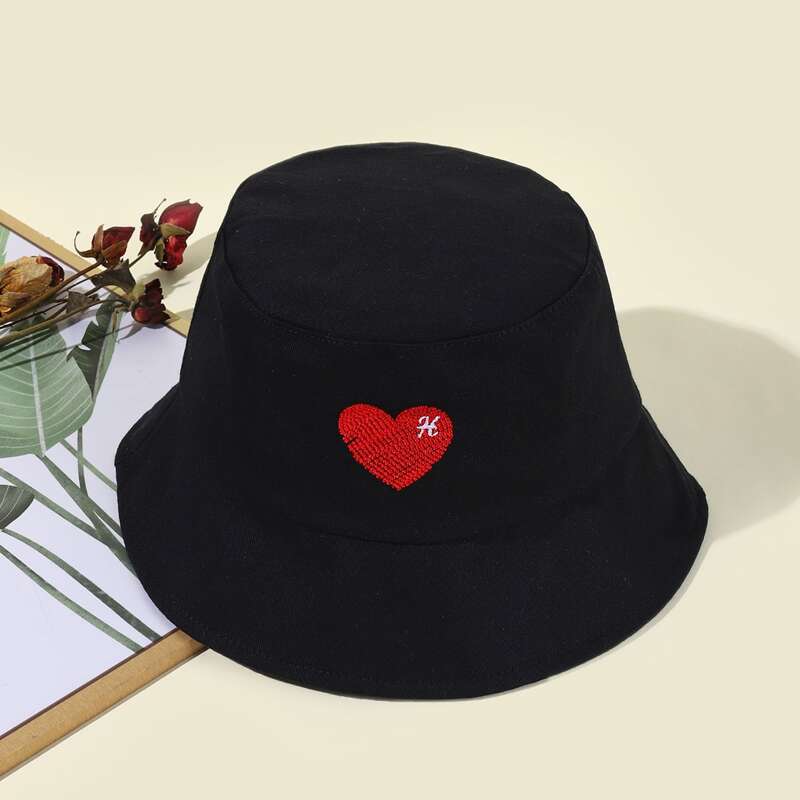 

Heart Embroidery Bucket Hat, Black