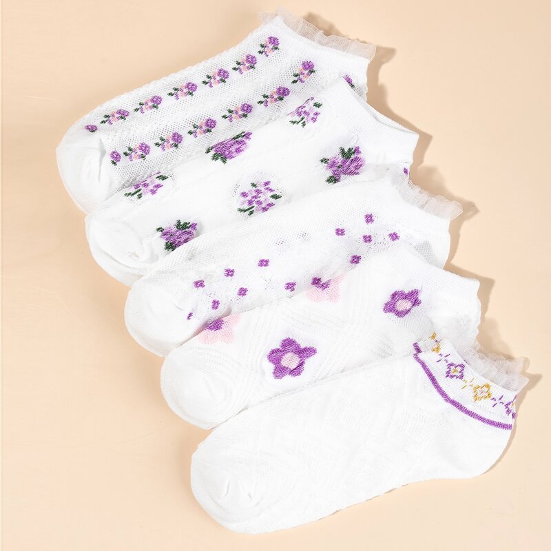 

5pairs Flower Pattern Ankle Socks, Multicolor