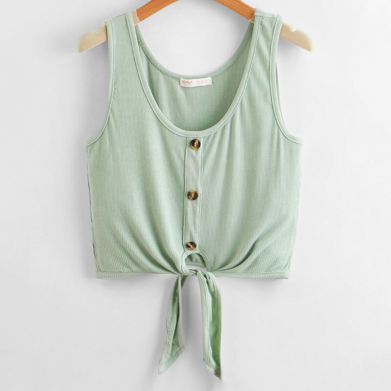 

Solid Button Knot Ribbed Tank Top, Mint green