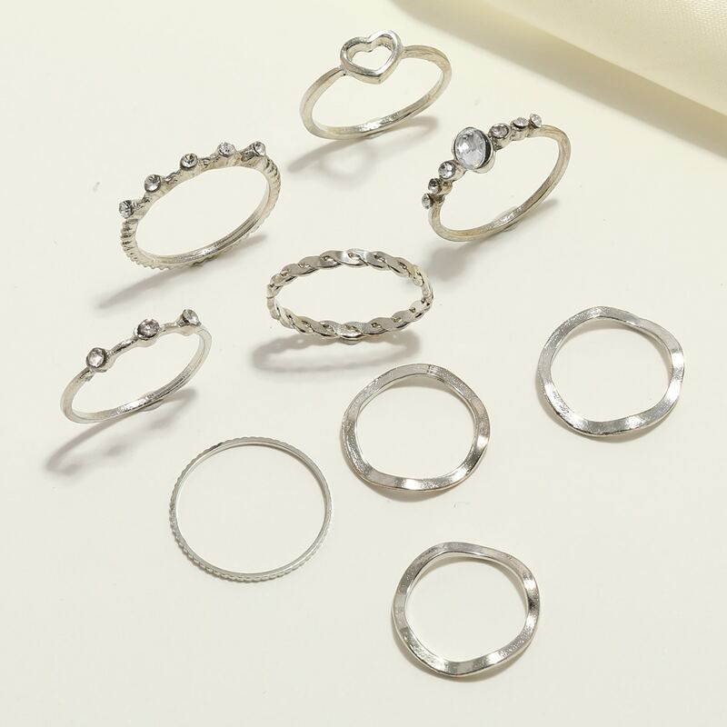 

9pcs Rhinestone Decor Ring, Silver