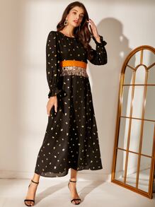 流蘇腰金色花卉洋裝 - 黑色 - 查看 1