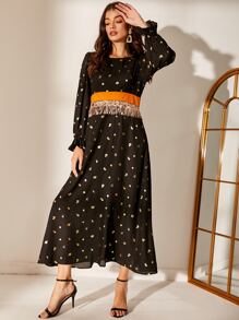 流蘇腰金色花卉洋裝 - 黑色 - 查看 3