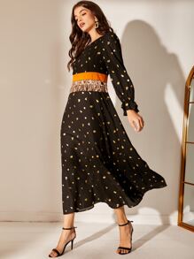 流蘇腰金色花卉洋裝 - 黑色 - 查看 4