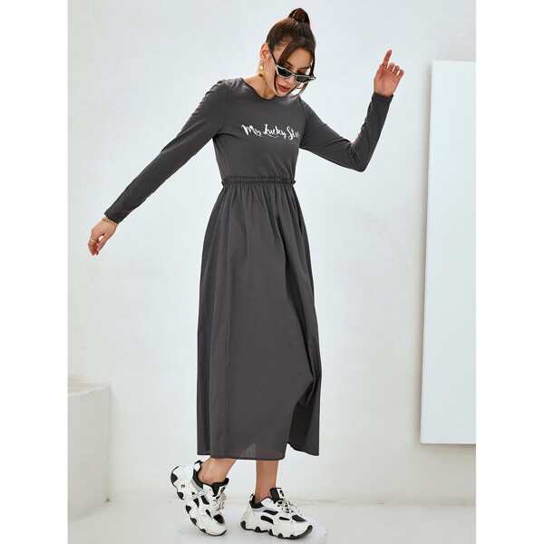 

Letter Graphic Frill Trimed A-line Dress, Dark grey