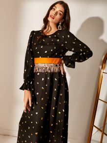 流蘇腰金色花卉洋裝 - 黑色 - 查看 5