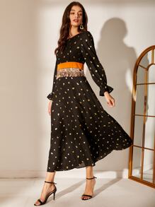 流蘇腰金色花卉洋裝 - 黑色 - 查看 6