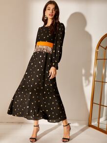 流蘇腰金色花卉洋裝 - 黑色 - 查看 7