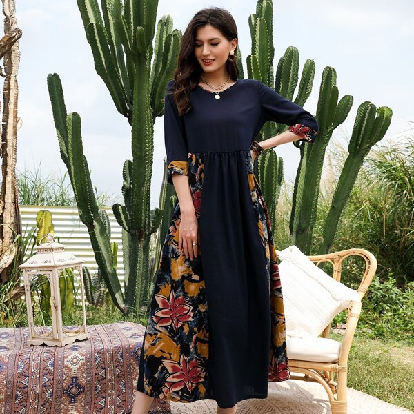

Floral Spliced Babydoll Dress, Navy blue