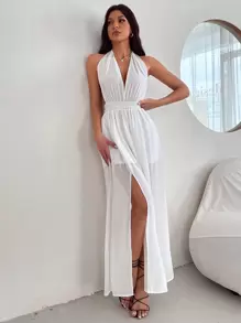 SHEIN Privé Vestido Sin Espalda Con Abertura En El Dobladillo Y Cuello Halter - Blanco - Ver 1