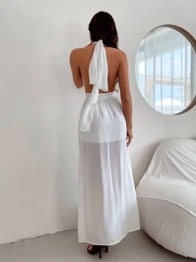 SHEIN Privé Vestido Sin Espalda Con Abertura En El Dobladillo Y Cuello Halter - Blanco - Ver 2