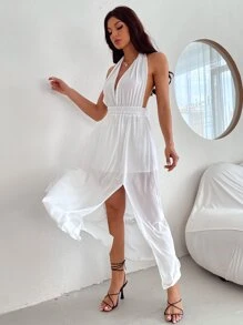 SHEIN Privé Vestido Sin Espalda Con Abertura En El Dobladillo Y Cuello Halter - Blanco - Ver 5
