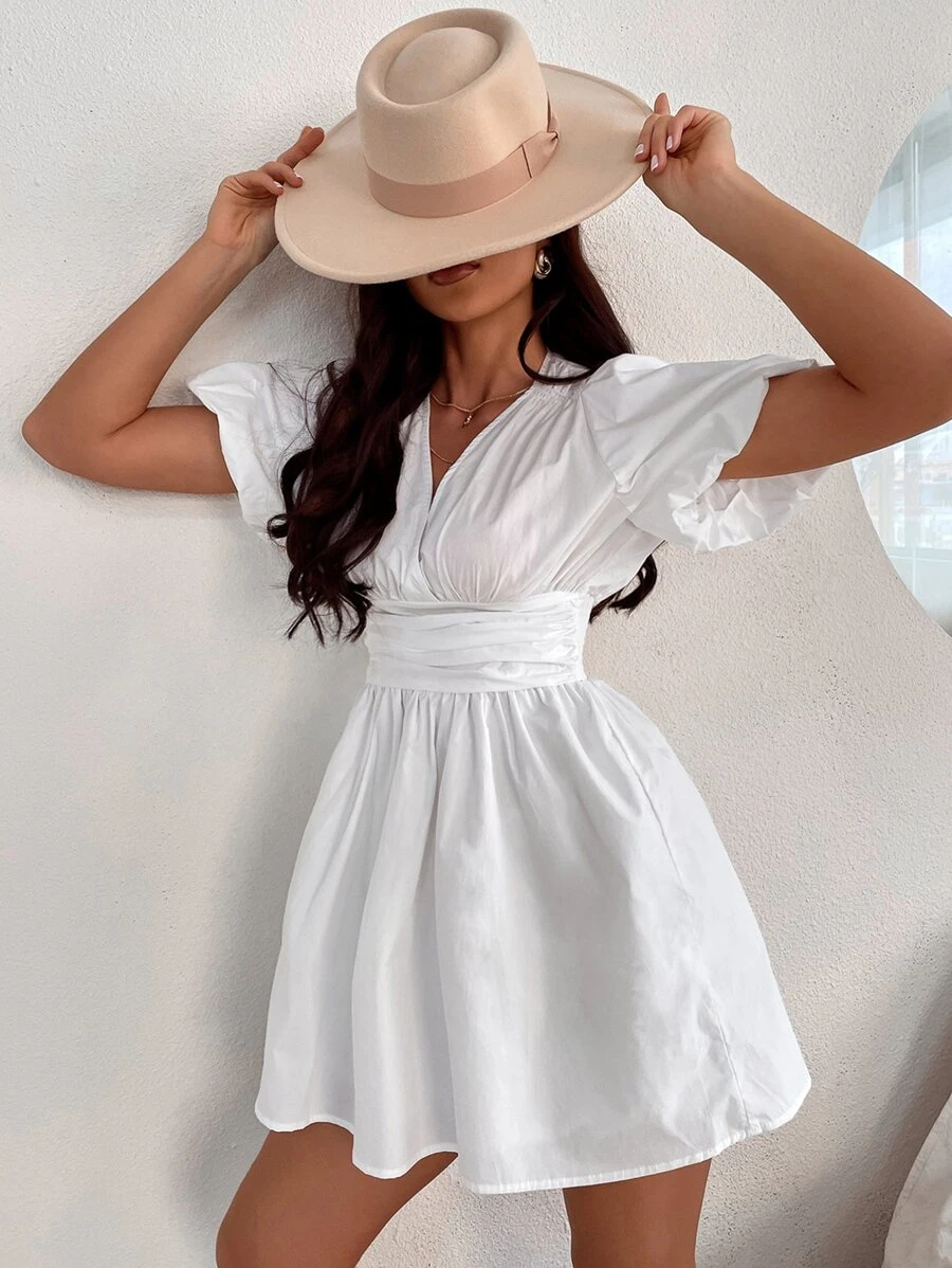 Solid Shirred Waist Dress - White - View 1