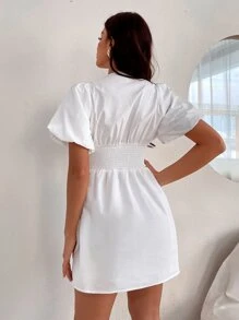Solid Shirred Waist Dress - White - View 2