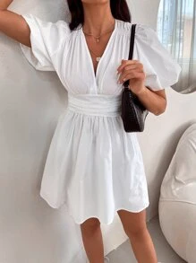 Solid Shirred Waist Dress - White - View 4