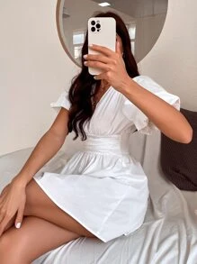 Solid Shirred Waist Dress - White - View 5