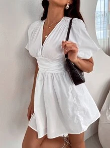 Solid Shirred Waist Dress - White - View 6