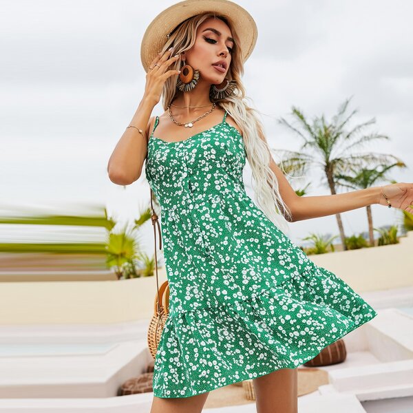 

Ditsy Floral Ruffle Hem Cami Dress, Green
