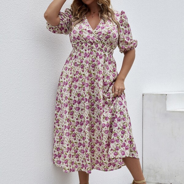 

Plus Surplice Neck Allover Floral A-line Dress, Multicolor