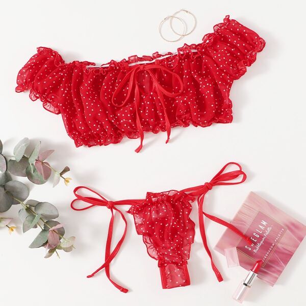 

Polka Dot Lettuce Trim Lingerie Set, Red