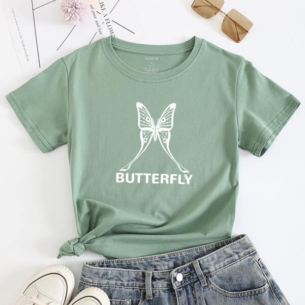 

Butterfly & Letter Graphic Tee, Mint green