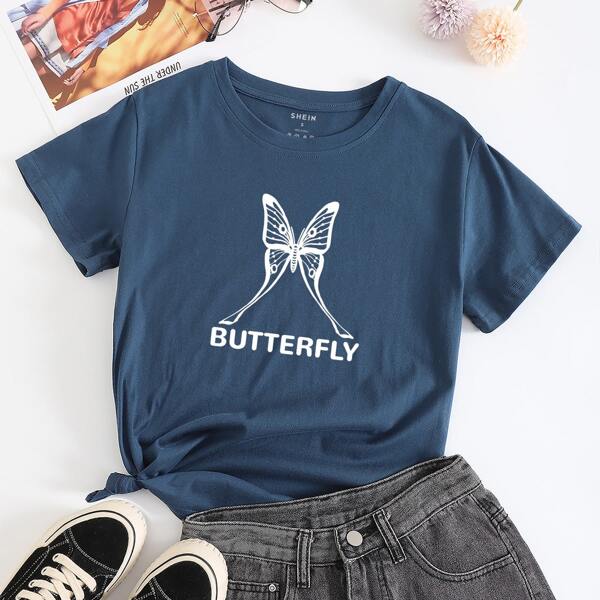 

Butterfly & Letter Graphic Tee, Navy blue