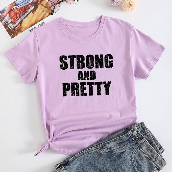 

Slogan Graphic Round Neck Tee, Lilac purple