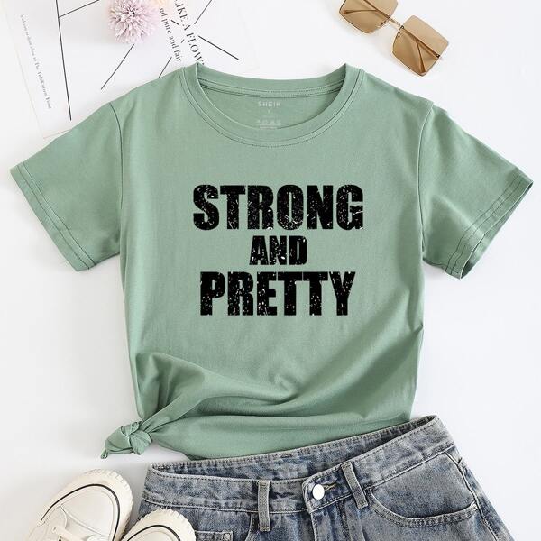 

Slogan Graphic Round Neck Tee, Mint green