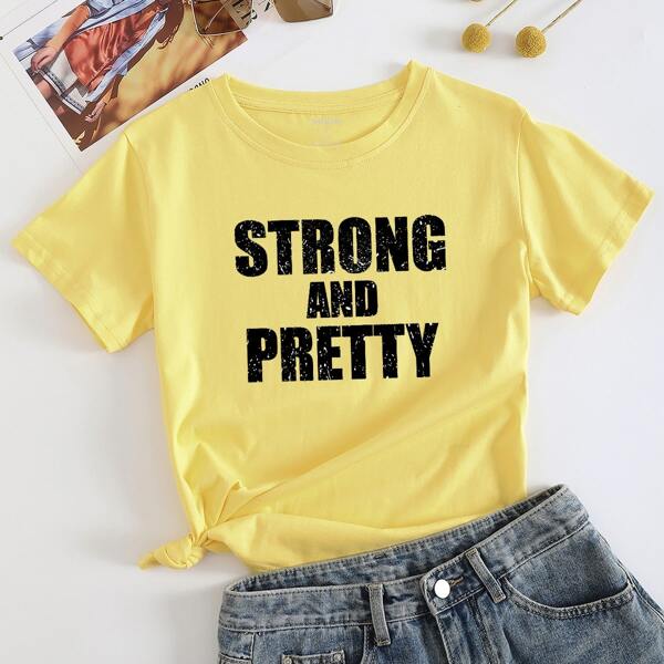 

Slogan Graphic Round Neck Tee, Yellow