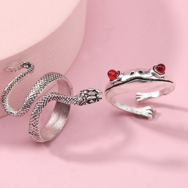 

2pcs Frog & Snake Design Ring, Silver