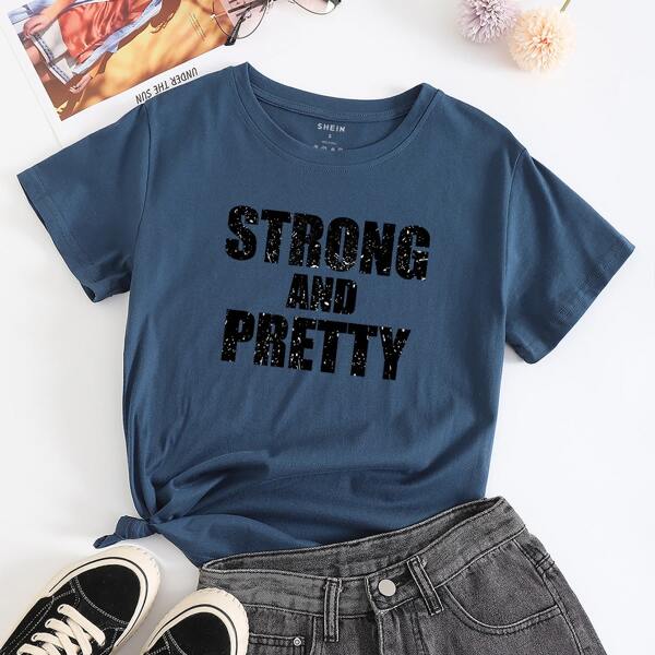 

Slogan Graphic Round Neck Tee, Navy blue