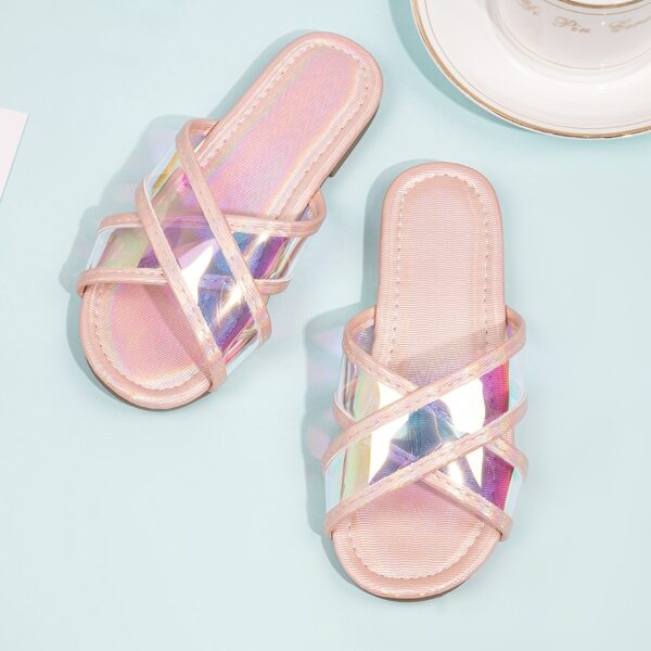 

Girls Holographic Cross Strap Slides, Baby pink
