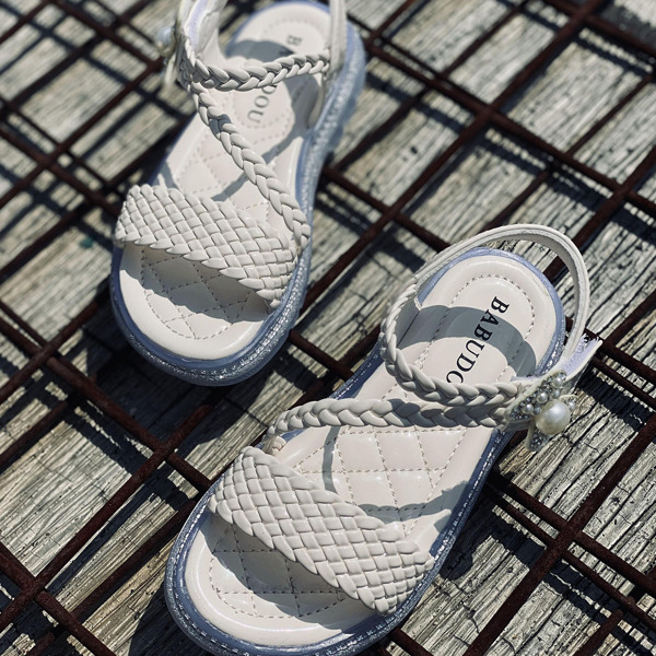

Girls Bow Decor Braided Velcro Strap Sandals, Beige