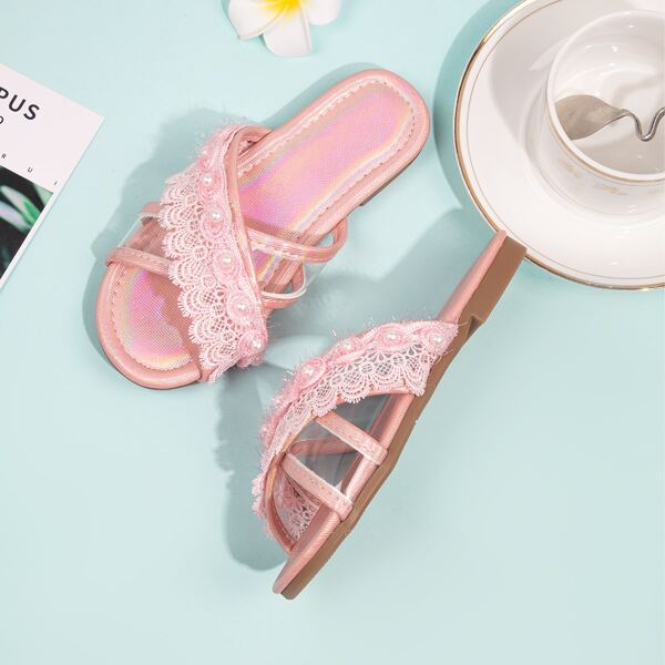 

Girls Clear Faux Pearl & Lace Decor Slides, Clear baby pink