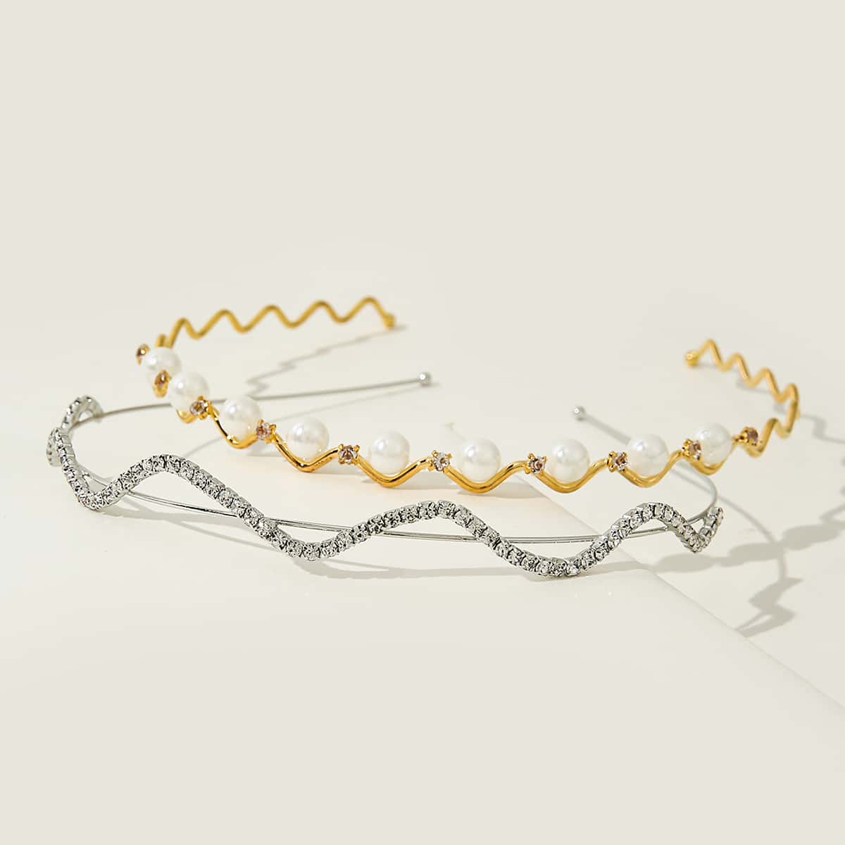 

2pcs Rhinestone & Faux Pearl Headband, Multicolor