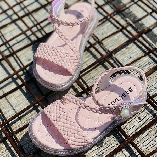 

Toddler Girls Bow Decor Braided Velcro Strap Sandals, Baby pink