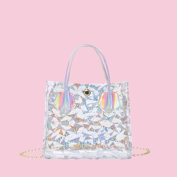 

Glitter Geometric Graphic Chain Bag, Silver
