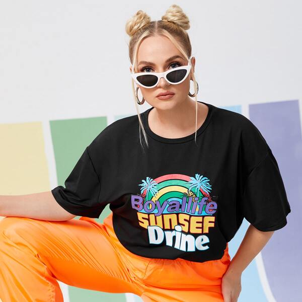 

Plus Tropical Print Drop Shoulder Oversized Tee, Black