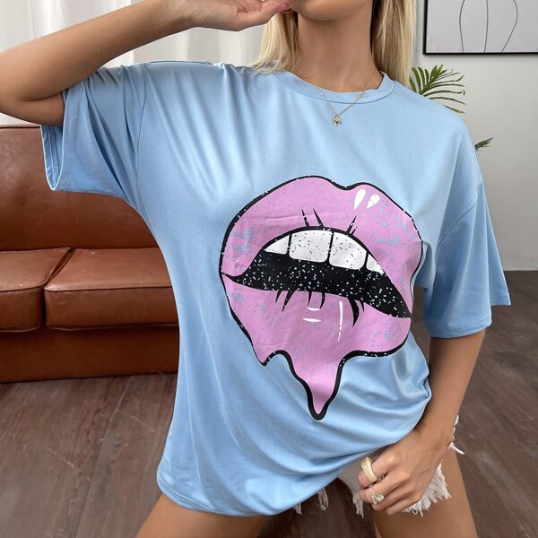 

Mouth Print Drop Shoulder Longline Tee, Baby blue