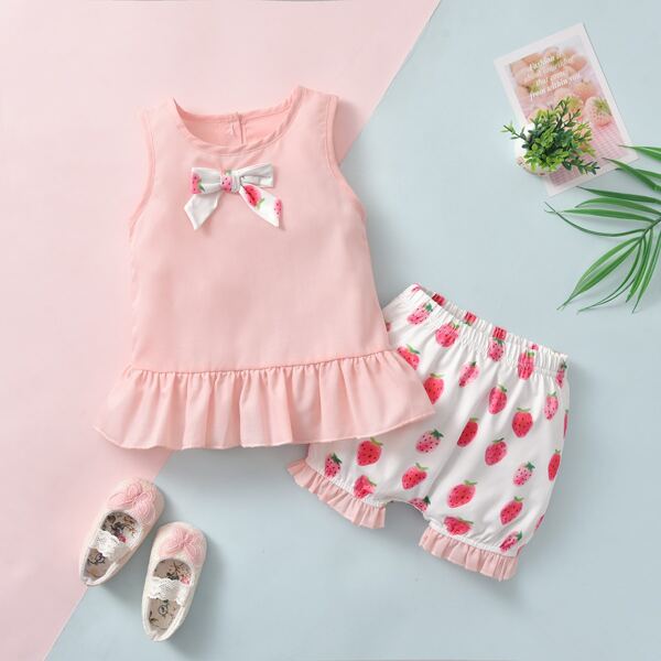 

Baby Girl Ruffle Hem Tank Top With Strawberry Print Shorts, Baby pink