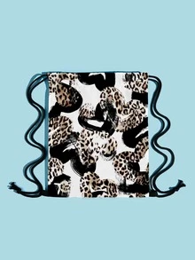 Leopard Heart Pattern Drawstring Backpack - White - View 2