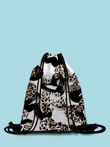 Leopard Heart Pattern Drawstring Backpack - White - View 3
