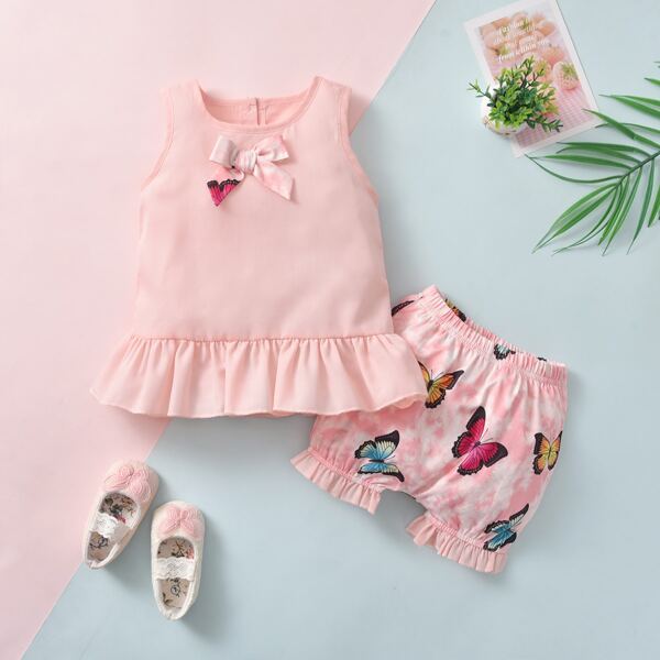 

Baby Girl Ruffle Hem Tank Top With Butterfly Print Shorts, Baby pink