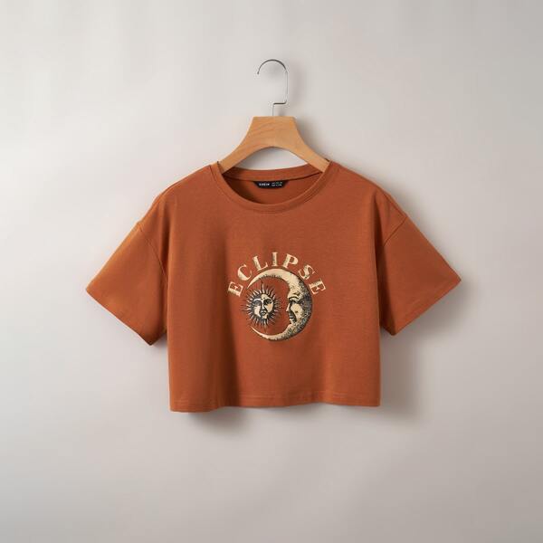 

Moon And Letter Graphic Crop Tee, Burnt orange