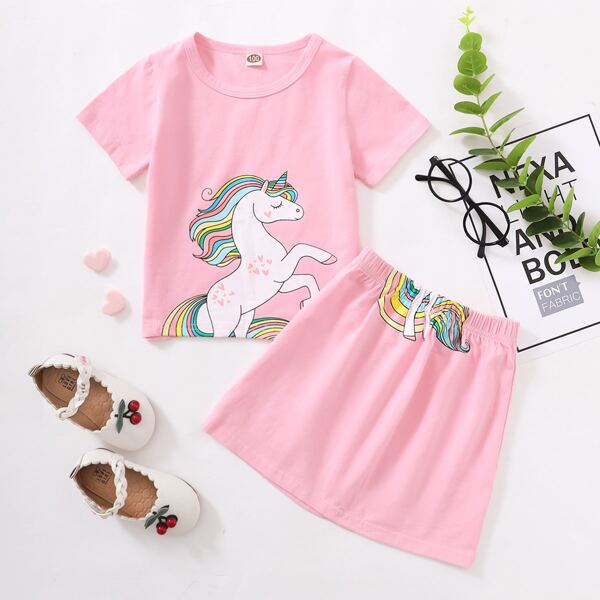 

Toddler Girls Unicorn Print Tee With Skirt, Pink
