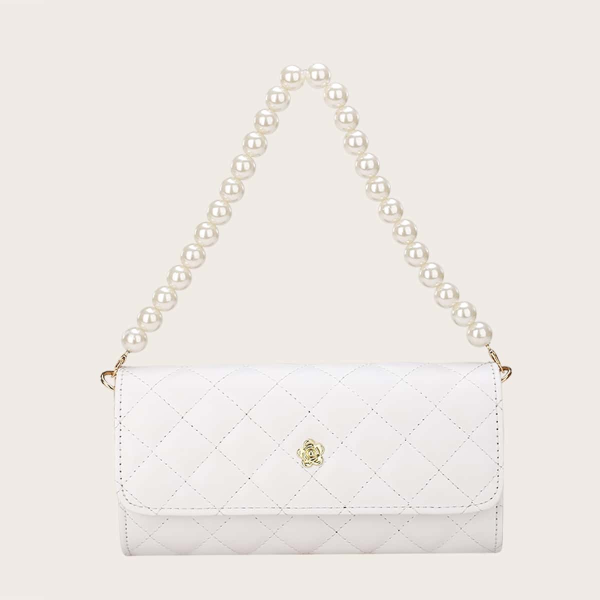 

Faux Pearl Quilted Baguette Bag, White