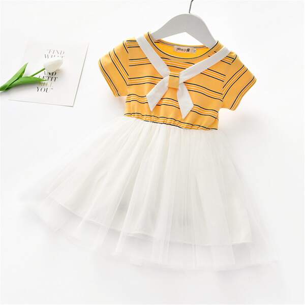 

Toddler Girls Striped Print Mesh Hem Dress, Multicolor