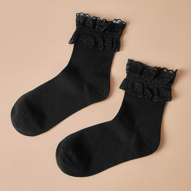 

1pair Floral Lace Trim Crew Socks, Black