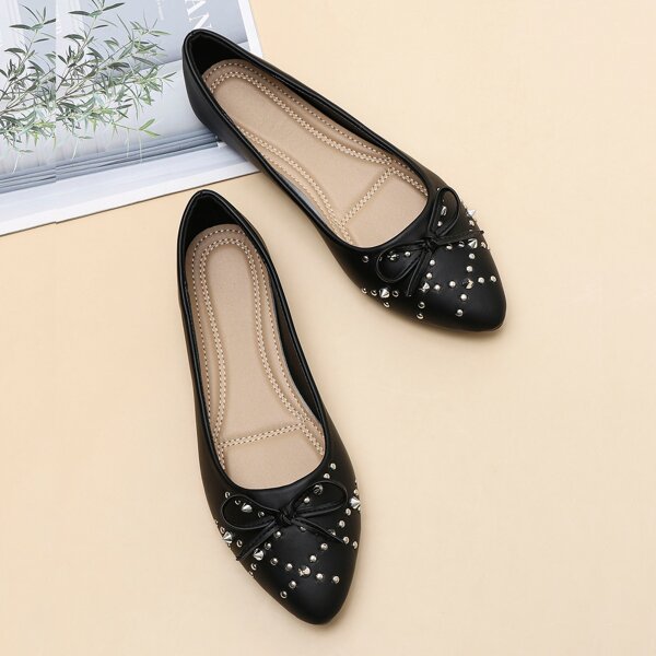 

Bow & Studded Decor Flats, Black