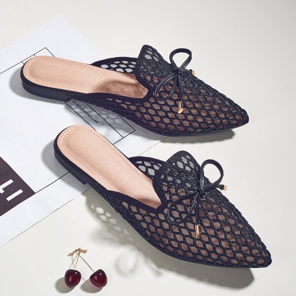 

Bow Decor Mesh Flat Mules, Black